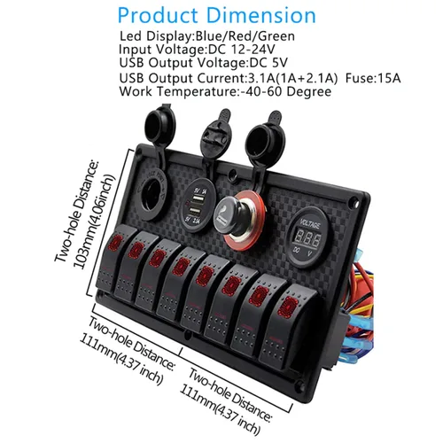 Vista 2 de KAOLALI Panel de interruptor basculante de 8 bandas, 12 V, 24 V, impermeable, con doble USB, encendedor de cigarrillos, voltímetro, LED azul