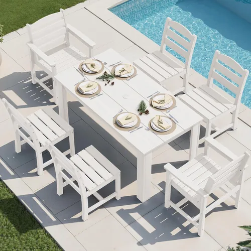 Vista 40 de SERWALL Juego de comedor HDPE para 4, juegos de comedor al aire libre para 4 personas con 1 orificio para sombrilla, mesa rectangular y 4 sillas