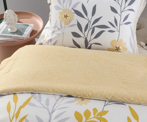 Vista 3 de Sleepbella - Edredón individual, algodón de 600 hilos, diseño de ramas y hojas grises con flores amarillas, diseño reversible en naranja, relleno