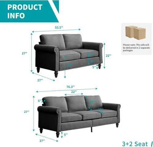 Vista 2 de BALUS Juego de sofá de 2 piezas, juego de sofás para sala de estar con patas de sofá de madera, muebles de sala de estar de lino con ribete