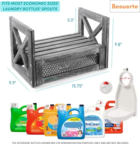 Vista 4 de Besuerte Soporte de madera para detergente para ropa – Estante rústico de lavandería para dos botellas de detergente, almacenamiento y decoración