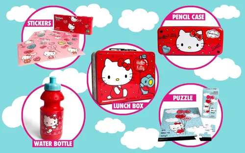 Vista 7 de Juego de regalo de Hello Kitty: caja de lata de almuerzo de Hello Kitty, botella de agua, rompecabezas, calcomanías y estuche para lápices.