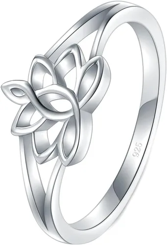 Vista 2 de BORUO Anillo de plata esterlina 925, flor de loto, yoga, alta resistencia al desgaste, ajuste cómodo, anillo de boda de 2mm