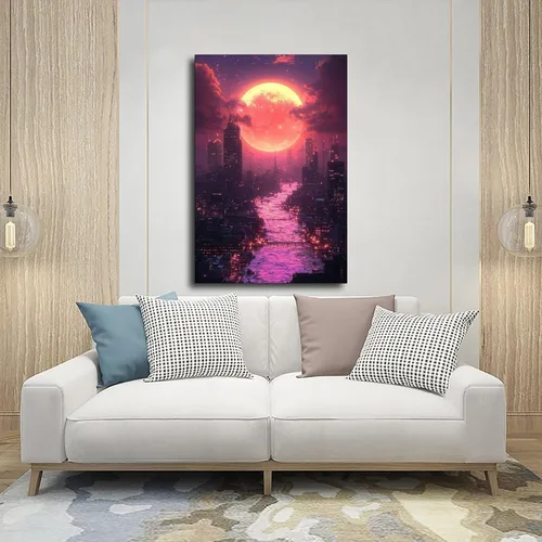 Vista 5 de Synthwave Retro Futurism Wall Art – Neon Vaporwave Poster for Gamer Room & Cyber Decor Poster Canvas Artwork Prints Rustic Farmhouse Decorations for