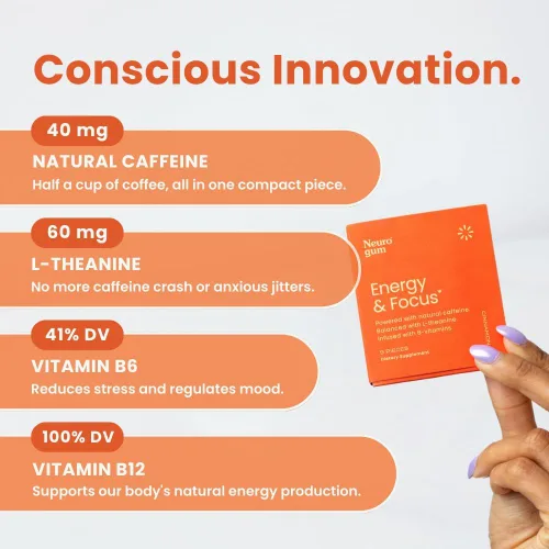 Vista 4 de NeuroGum Energy & Focus, canela, 12 paquetes, 9 piezas cada uno