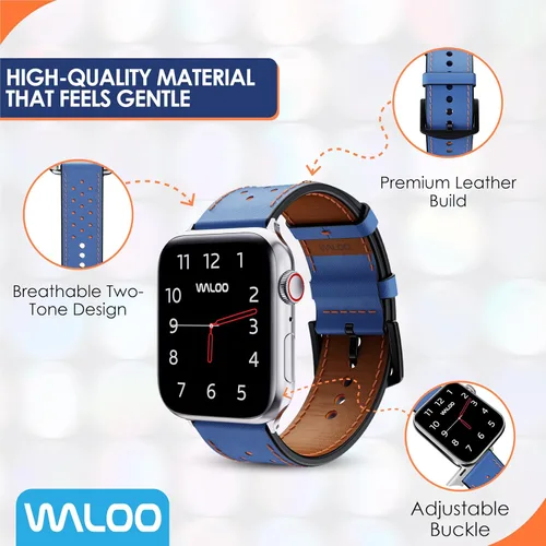 Vista 4 de WALOO Correa de repuesto de cuero genuino transpirable compatible con tu Apple Watch Series 8/7/6/5/4/3/2/1/SE, se adapta a tamaños de 1.496 in