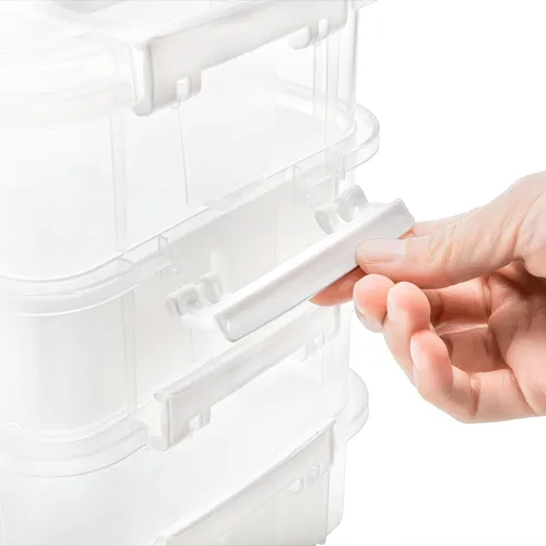 Vista 5 de Foraineam Contenedores de almacenamiento transparentes de 4 niveles con 2 bandejas divididas, contenedor de almacenamiento apilable, estuche