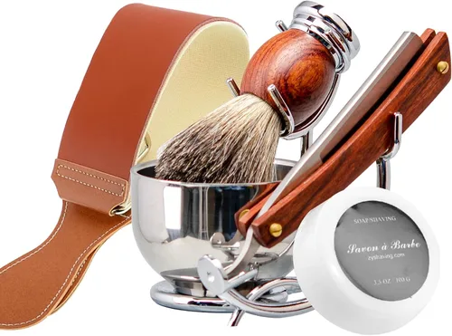 Vista 9 de Kit de afeitado con navaja recta Grandslam, navaja recta de acero con afilador de cuero, cepillo de afeitar, cuenco y soporte de afeitar de acero