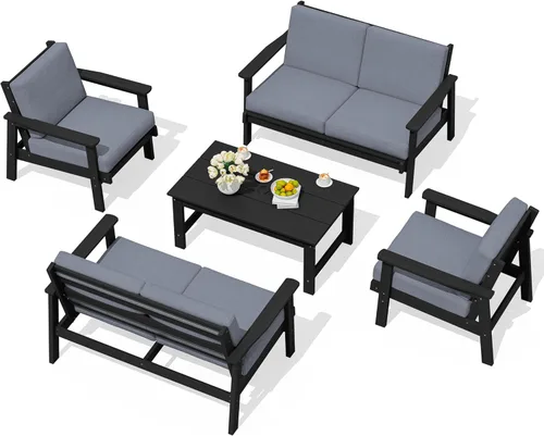 Vista 59 de SERWALL Sofá biplaza para patio al aire libre de HDPE, para todo tipo de clima, muebles de exterior de HDPE, marco negro y cojín gris