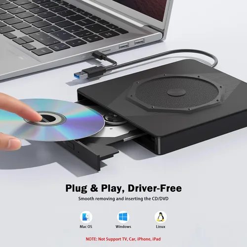 Vista 7 de Wbacon Unidad externa de CD/DVD para laptop, USB 3.0 y tipo C grabadora de CD DVD portátil, CD ROM +/-RW, unidad externa de CD de DVD, reproductor