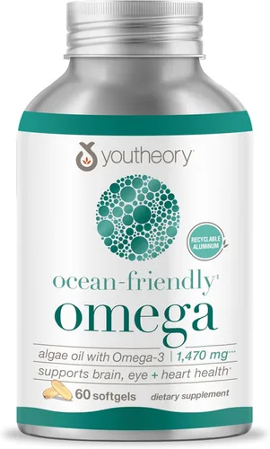 Youtheory Omega Ocean-Friendly - Suplemento de algas Omega 3 con EPA y DHA - Apoya la salud cerebral y ocular* - A base de plantas - para dietas