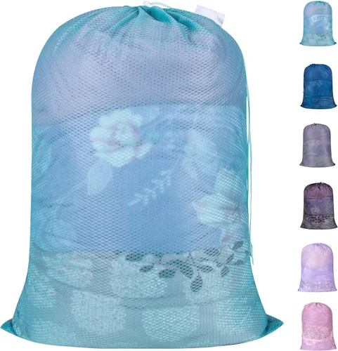 Vista 15 de Polecasa Bolsas de lavandería grandes de malla de diamante extra resistentes con cierre de cordón y etiqueta de identificación, bolsa