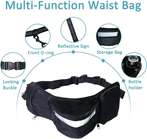 Vista 5 de Correa de perro manos libres con bolsa de cremallera, correas resistentes para perros caminando, correr, senderismo, cinturón ajustable con paquete
