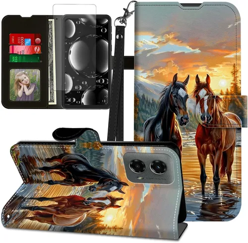 Vista 111 de Funda para Motorola Edge 2022 con protector de pantalla, soporte y tarjetero y correa para la muñeca, funda magnética para Moto Edge 2022 5G UW Lobo
