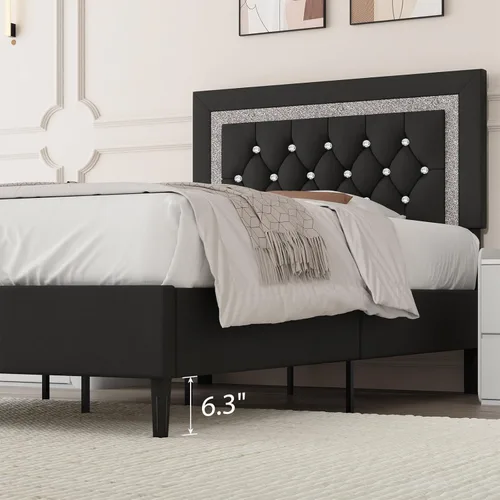 Vista 5 de BarnFurin Marco de Cama Individual con Cabecera Acolchada con Botones, Marco de Cama Plataforma Tapizada con Diseño de Diamante, Soporte de Listones