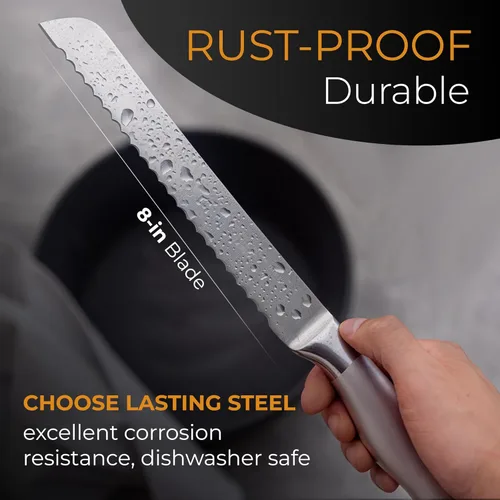 Vista 5 de Cuchillo de Pan Dentado Orblue con Borde Ondulado Súper Afilado de Acero Inoxidable Mejorado - Cortador de Pan Ideal para Rebanar Bagels Caseros