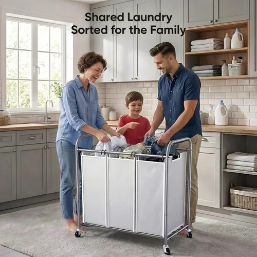 Vista 7 de ROMOON Organizador de lavandería, cesta de lavandería resistente de 3 secciones con ruedas y forros extraíbles, organizador que ahorra espacio