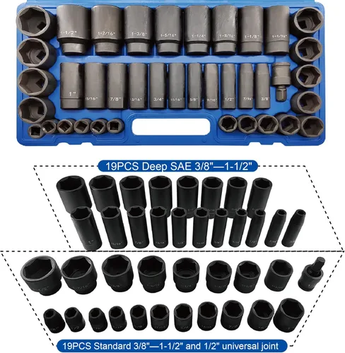 Vista 2 de MacWork 39 piezas Juego de llaves de impacto de 1/2 pulgada, acero CR-V estándar y profundo, SAE, de 3/8" a 1-1/2", junta universal de 1/2", diseño
