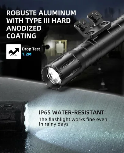 Vista 7 de EZshoot Linterna táctica de rifle de 1800 lúmenes con interruptor de presión, linterna táctica para rifle compatible con M-Rail, linterna de rifle