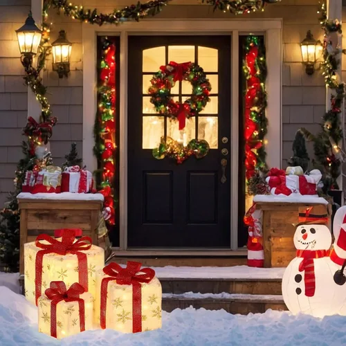 Vista 6 de Decoraciones de Navidad, juego de 3 cajas de regalo iluminadas de Navidad, cajas de regalo de Navidad a pilas, LED blanco cálido con lazos
