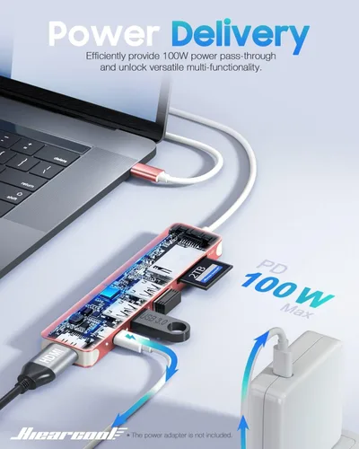 Vista 3 de Hiearcool Hub USB C, Dongle USB-C, Adaptador Múltiple 7EN1 USBC a HDMI Compatible con MacBook Dell Lenovo Asus Thunderbolt 3 Thunderbolt 4 Estación