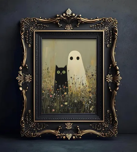 Divertido lienzo con diseño de gato negro y fantasma, arte de pared, póster de fantasma, fantasma, decoración de casa rural, vintage, espeluznante,