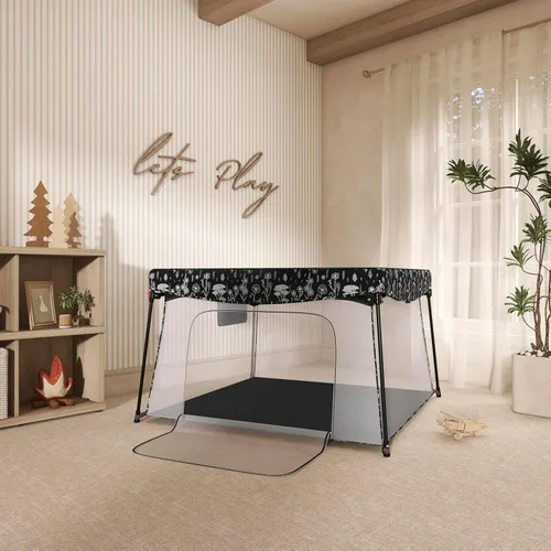Vista 6 de Dream On Me Ziggy - Corralito cuadrado con dosel, color negro/blanco, amplio patio de juegos para bebés, protección UV e insectos, suelo acolchado