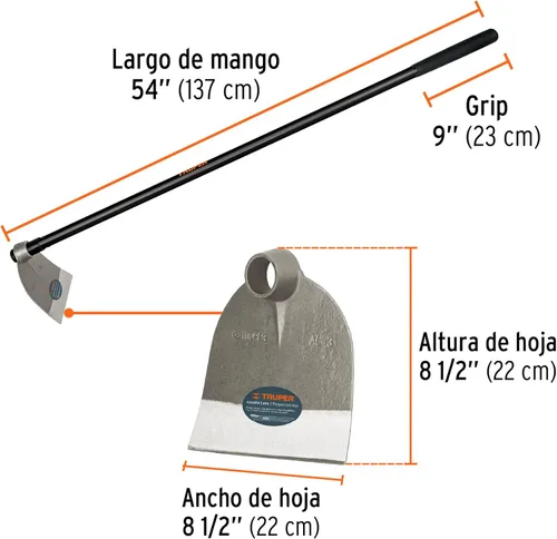 Vista 3 de Truper 10621 Azada de Jardín Forjada - Cabeza Forjada de Una Pieza de Acero de Alto Carbono de 2 Libras, Mango de 54 Pulgadas, Azadas de Ojo Redondo