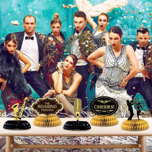Vista 3 de Epakh 10 piezas de decoraciones de fiesta de los años 20, centro de mesa de panal negro y dorado, mesa de fiesta de cumpleaños para cumpleaños