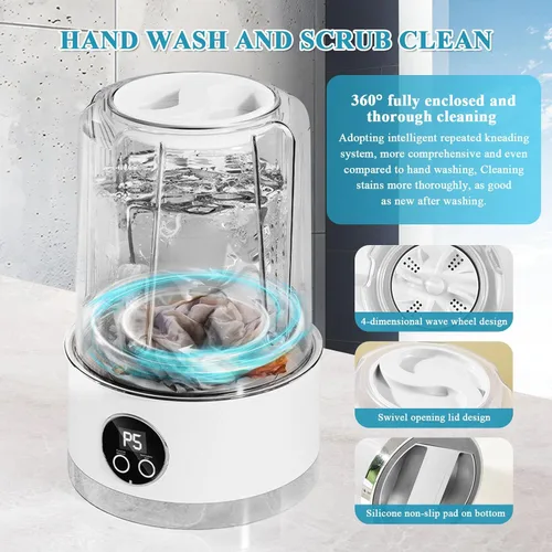 Vista 4 de Lavadora portátil, mini lavadora inalámbrica recargable de 1500 mAh, lavadora de ropa interior de 1 litro, lavadora compacta plegable para ropa