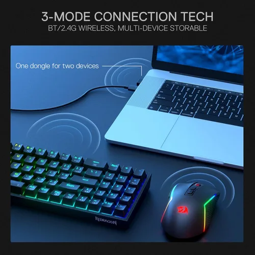 Vista 5 de Redragon S136 Combo de teclado y mouse para videojuegos, teclado mecánico RGB inalámbrico de 75% K628 con modo tri-modo y mouse