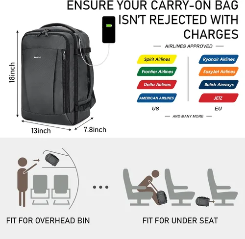 Vista 42 de ECOHUB Mochila de viaje pequeña de 17" United Airlines Bolsa de artículos Negro