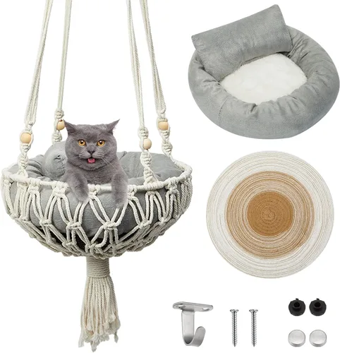 Juexica Hamaca de macramé para gatos, 3 piezas, incluye cama colgante para gatito, rascador de cama para gatos pequeños y perros pequeños (40 x 12