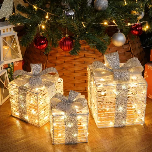 Vista 10 de Juego de 4 cajas de regalo iluminadas, 3.3 pies, 70 luces LED, apilables, cajas de regalo para decoraciones de Navidad, interiores, porche, Blanco