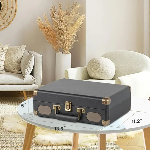 Vista 5 de Tocadiscos de vinilo portátil de 3 velocidades con Bluetooth con batería recargable, diseño retro de maleta, salida de línea Aux in/RCA y puertos