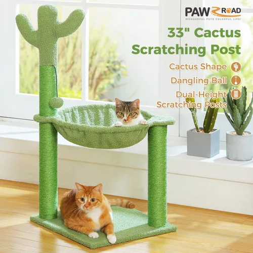 Vista 6 de Árbol para gatos PAWZ Road con forma de cactus, torre para gatos de 33 pulgadas con hamaca grande y suave y poste de rascado de sisal completamente