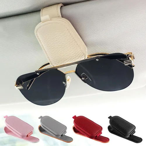 Vista 2 de SINGARO Soporte para lentes de sol para automóvil, hebilla magnética de cuero, clip para lentes de sol, clip para lentes de sol, almacenamiento