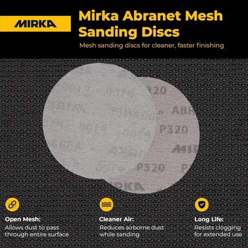 Vista 4 de Mirka Abranet - Discos de lijado orbitales de malla con gancho y bucle, lijado sin polvo, de larga duración y sin obstrucciones, ideal para madera