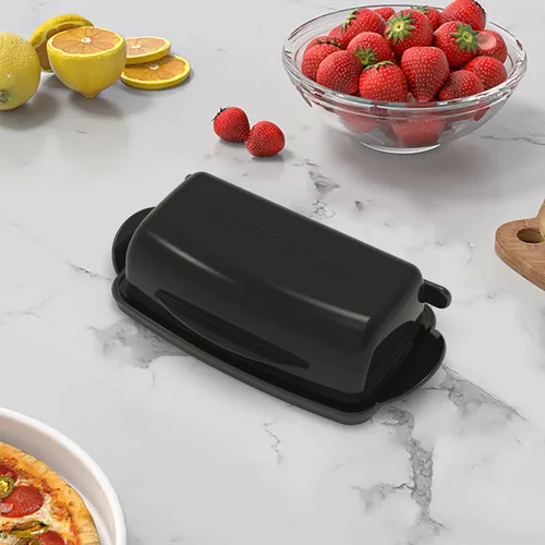 Vista 2 de Mantequilleras con tapa para encimera y refrigerador, plato de mantequilla de plástico transparente con tapa abatible y esparcidor, recipiente