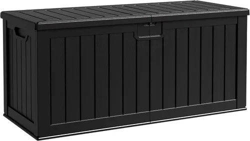 Vista 22 de Caja de resina de cubierta de 40 galones de Flamaker, caja de almacenamiento impermeable para interiores y exteriores, imitación de madera