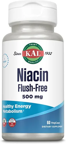 KAL Niacin 500mg Flush Free - Suplemento de vitamina B3 - Metabolismo y apoyo energético - Apoyo a la piel, nervios, salud digestiva y circulación -