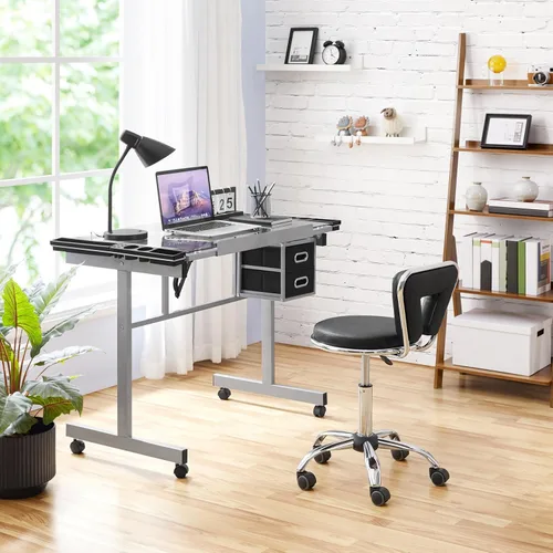 Vista 8 de Yaheetech Taburete giratorio con ruedas para salón de belleza, altura ajustable, para el hogar, spa, masaje, manicura, taburete facial con respaldo