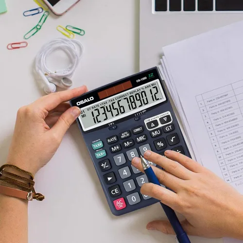 Vista 7 de OSALO Calculadora de escritorio de 12 dígitos, pantalla LCD extra grande con botón grande de impuestos de IVA, energía solar dual y batería