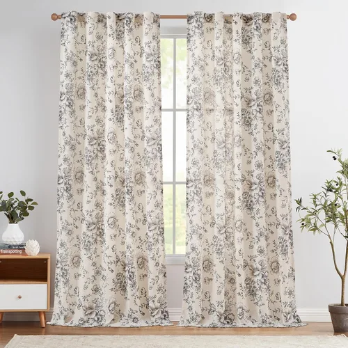 Vista 39 de JINCHAN Cortinas de mezcla de lino con flores para sala de campo francés, cortinas para sala de estar de 84 pulgadas de largo, cortinas impresas