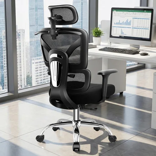 Vista 12 de Silla ergonómica de escritorio de oficina, silla de oficina de malla de respaldo alto con soporte lumbar ajustable, reposacabezas 3D, sillas de Negro