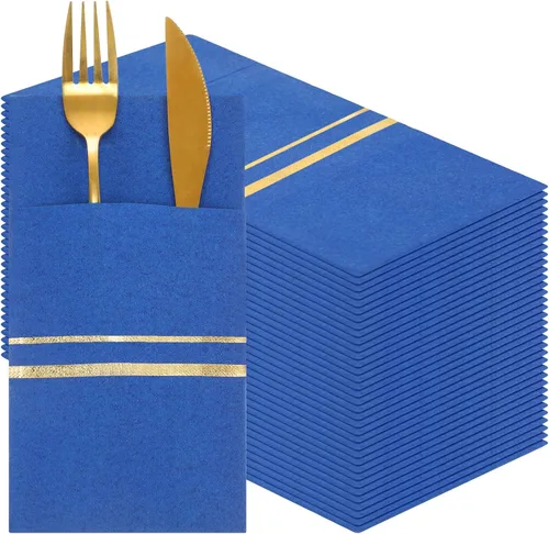 Vista 12 de Roshtia Paquete de 100 servilletas desechables de lino con bolsillo integrado para cubiertos con ribete dorado, papel preplegado para bodas