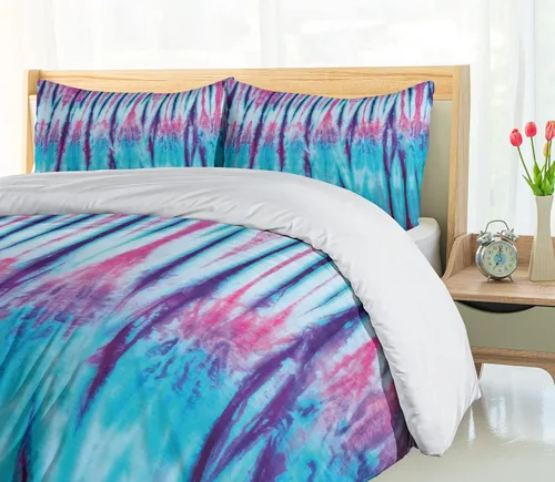 Vista 4 de Ambesonne Juego de funda de edredón étnico, primer plano de gradiente vertical, efecto de teñido anudado, hippie, alter vida, retro, juego de ropa