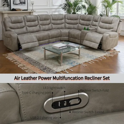 Vista 3 de Conjunto de muebles para sala de estar, juego de sofá reclinable con alimentación, sillones reclinables de cuero de aire con puertos USB Gris