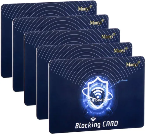 Vista 8 de Manyi 5 tarjetas de bloqueo RFID, protección para toda la cartera y protector de bolso, bloqueador protector de tarjetas de crédito NFC sin Negro