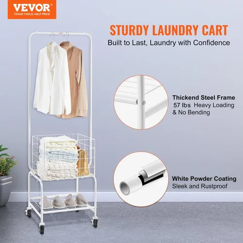 Vista 2 de VEVOR Cesta de lavandería de metal con estante para colgar ropa, carrito de ropa sucia de altura ajustable con carga de cesta y carga de estante